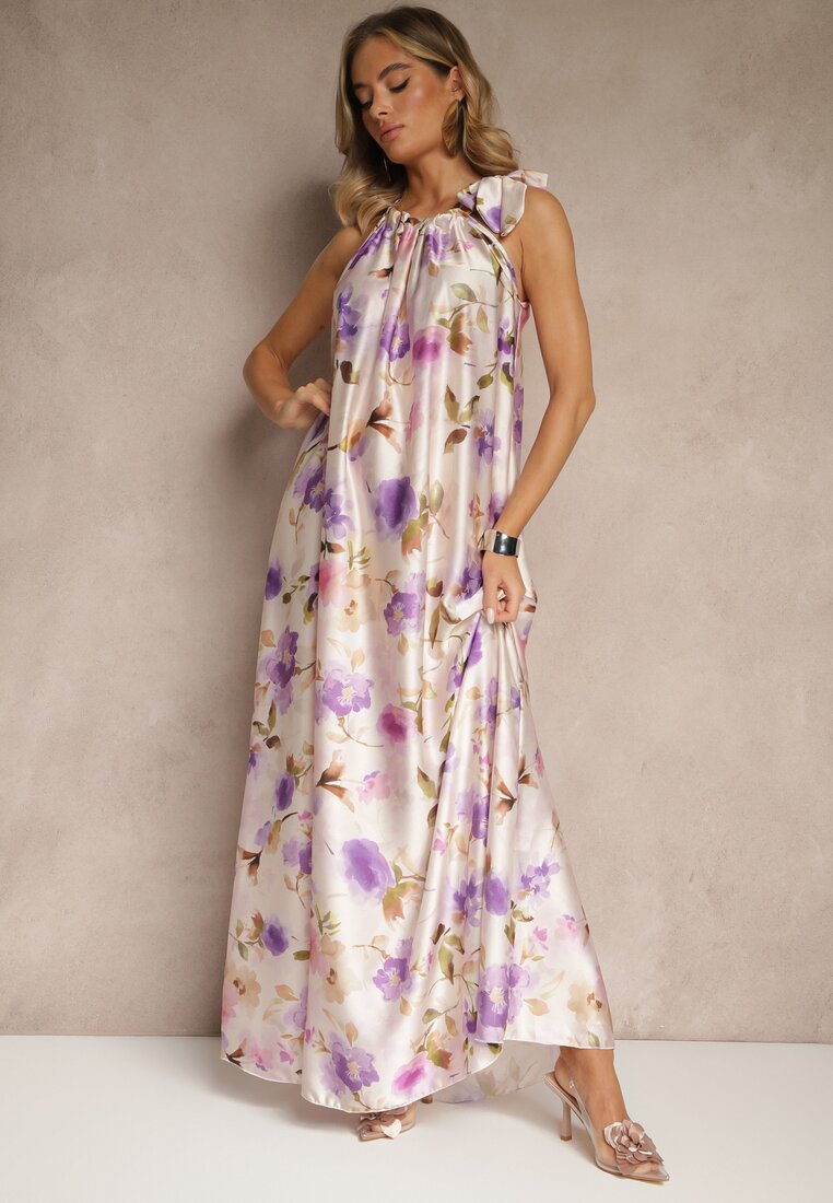 Rochie Mov din Satin cu Model Floral Fenimea
