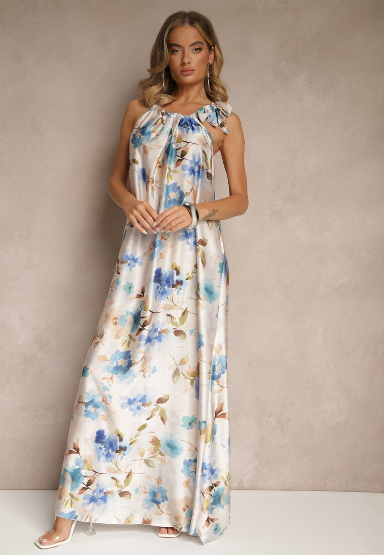Rochie Albastru deschis din satin cu imprimeu floral Fenimea