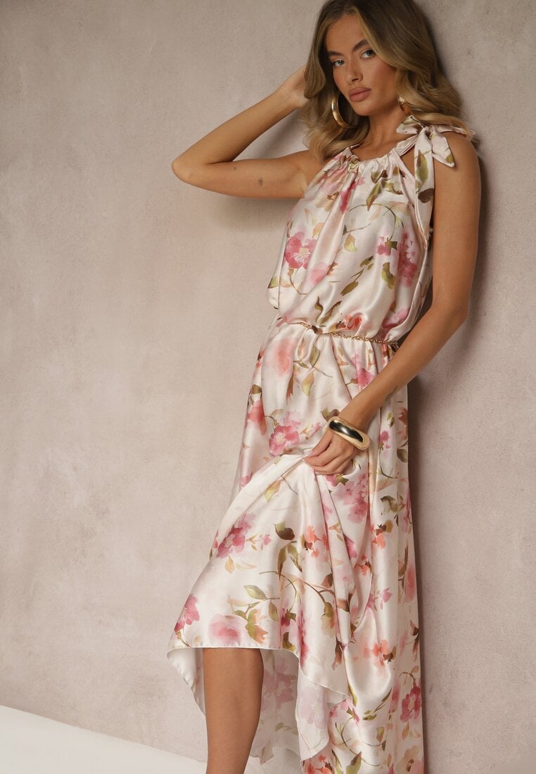 Rochie roz din Satin cu Model Floral Fenimea