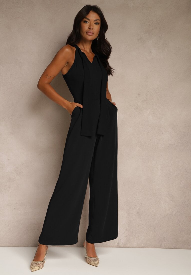 Salopetă Neagră Wide Leg cu Legătură Decorativă la Gât Silelia