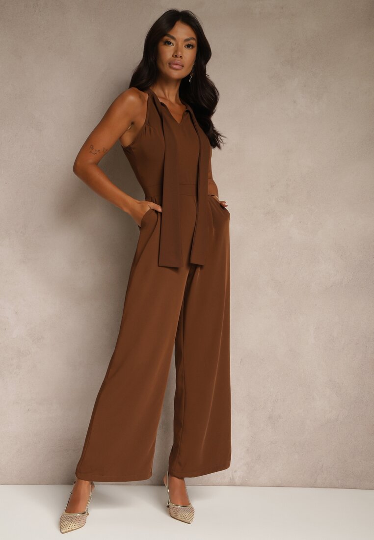 Salopetă Maro Wide Leg cu legătură decorativă la Gât Silelia