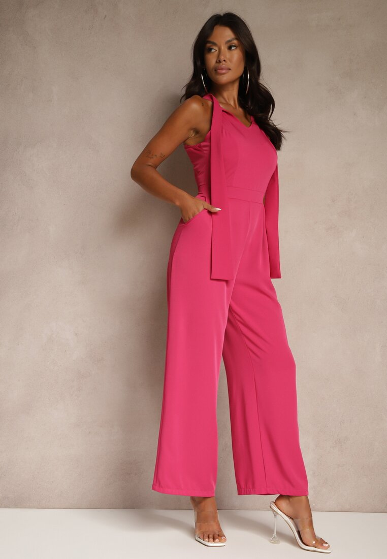 Salopetă Fucsia Wide Leg cu legătură decorativă la gât Silelia
