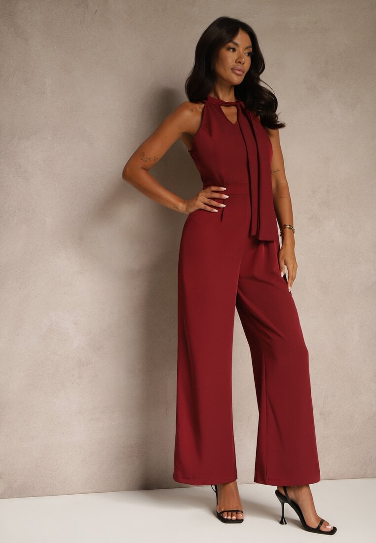 Salopetă Visinie Wide Leg cu Legătură Decorativă la Gât Silelia