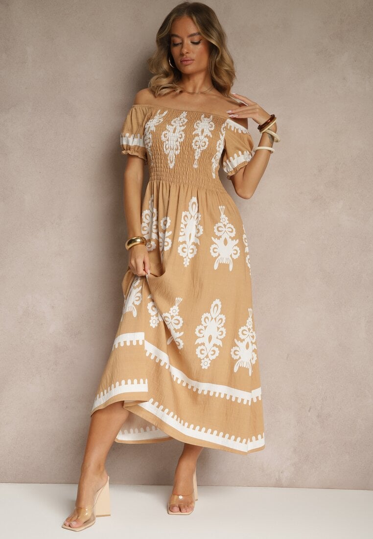 Rochie bej închis cu croială spaniolă Decorată cu model oriental Aravine