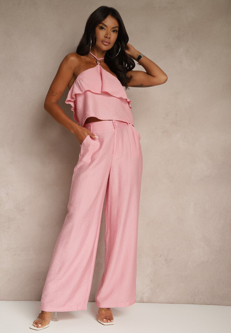 Set Roz cu viscoză Pantaloni și Bluză cu aplicație și volan Dolirela