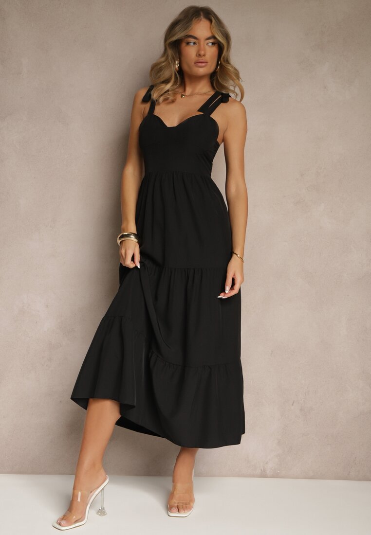 Rochie Neagră cu Viscoză Volane și Legătură Nilarrea