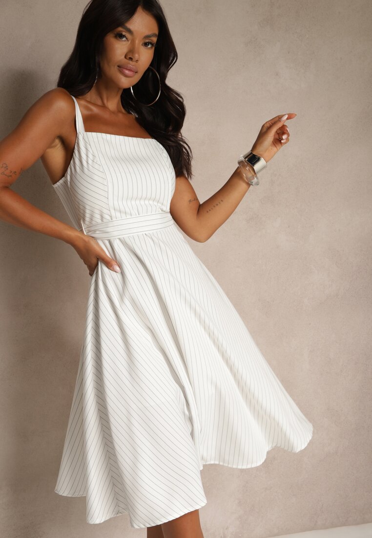 Rochie Albă Cloș cu Viscoză în Dungi Dolavessa