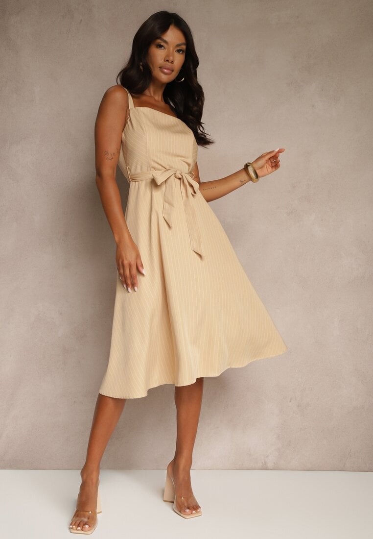 Rochie bej evazată cu viscoză în dungi Dolavessa