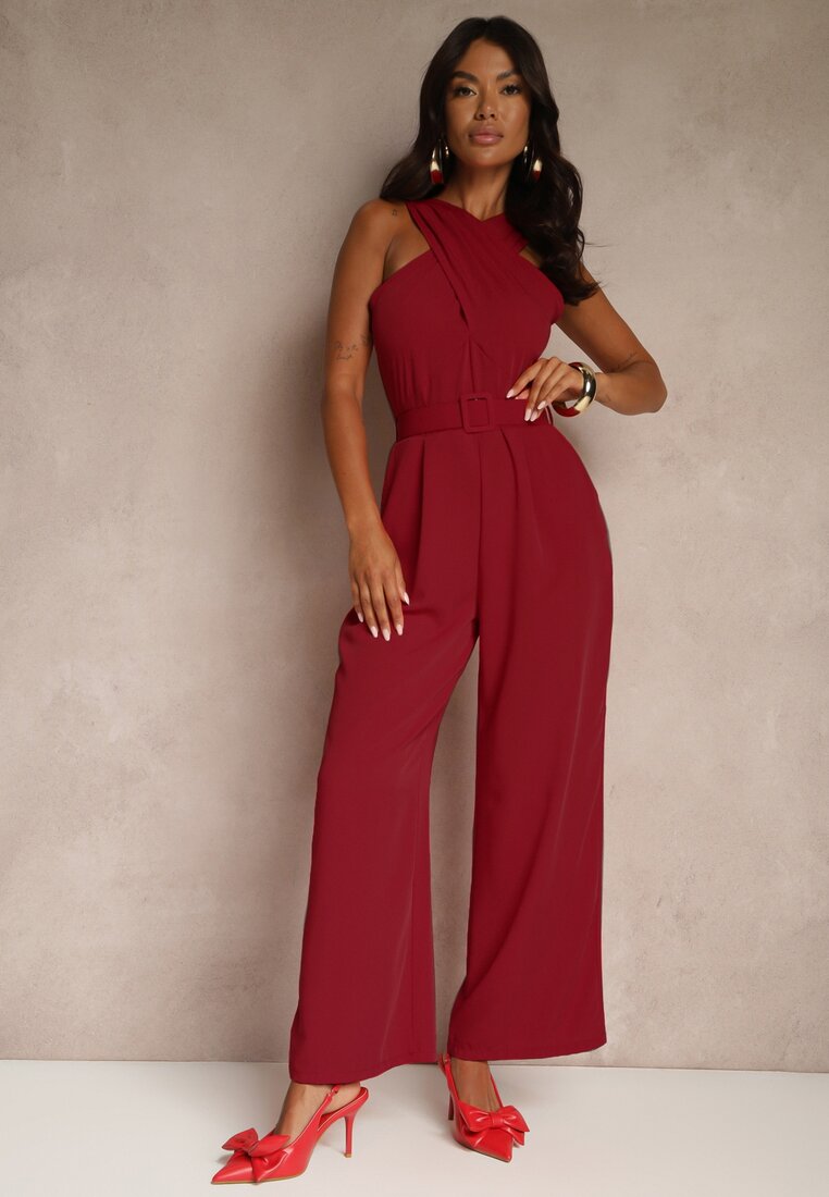 Salopetă Bordo cu Centură cu Cataramă și Drapaj Dolavelle