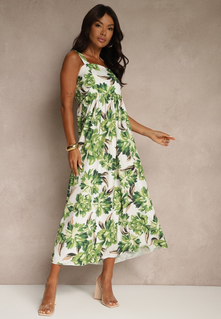 Rochie Verde din Viscoză Evazată cu Flori Nilestra