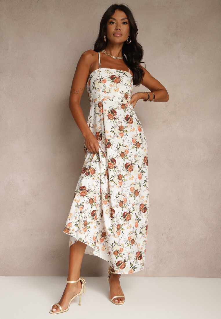 Rochie Evazată Bej din Viscoză cu Imprimeu Floral Nalivie