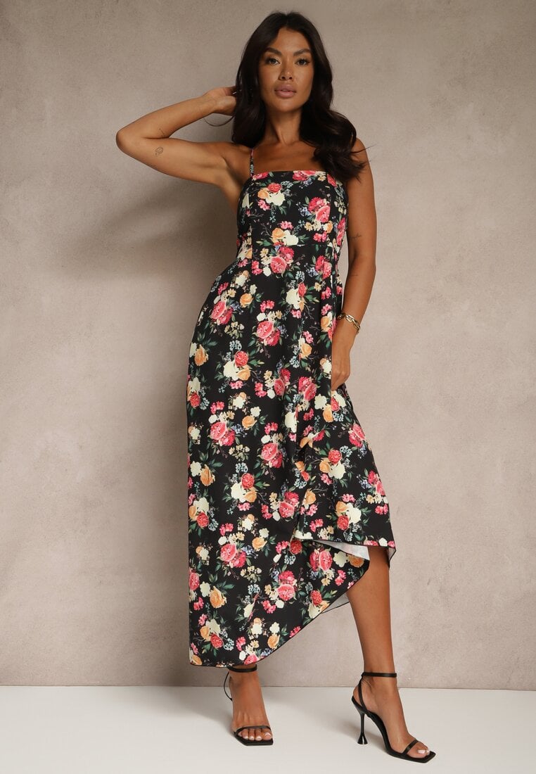 Rochie Cloș Neagră cu Viscoză cu Imprimeu Floral Nalivie