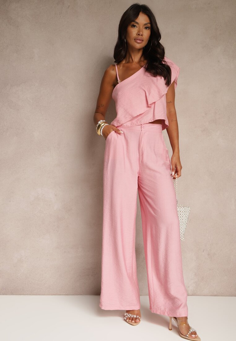 Komplet Różowy din Viscoză Top cu Volan pe un Umăr și Pantaloni Wide Leg Nirellea