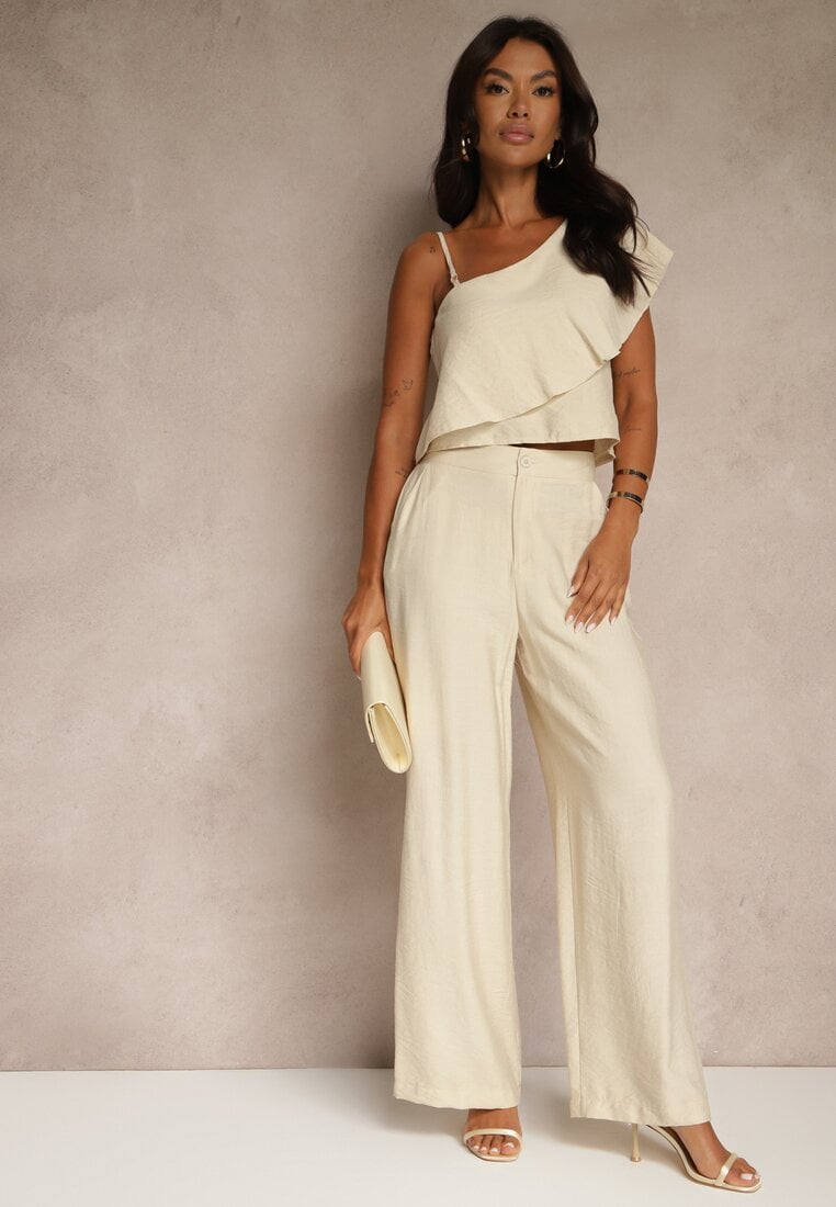 Compleu bej din Vâscoză Top cu volănaș pe un umăr și Pantaloni Wide Leg Nirellea