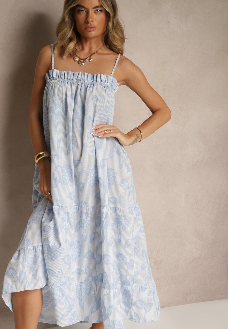 Rochie Albastră de Bumbac cu Croială Cloș cu Imprimeu Floral Meralisa