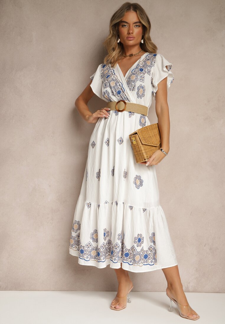 Rochie Albă-Albastră din Viscoză Decorată cu Curea și Broderie Nilorelle