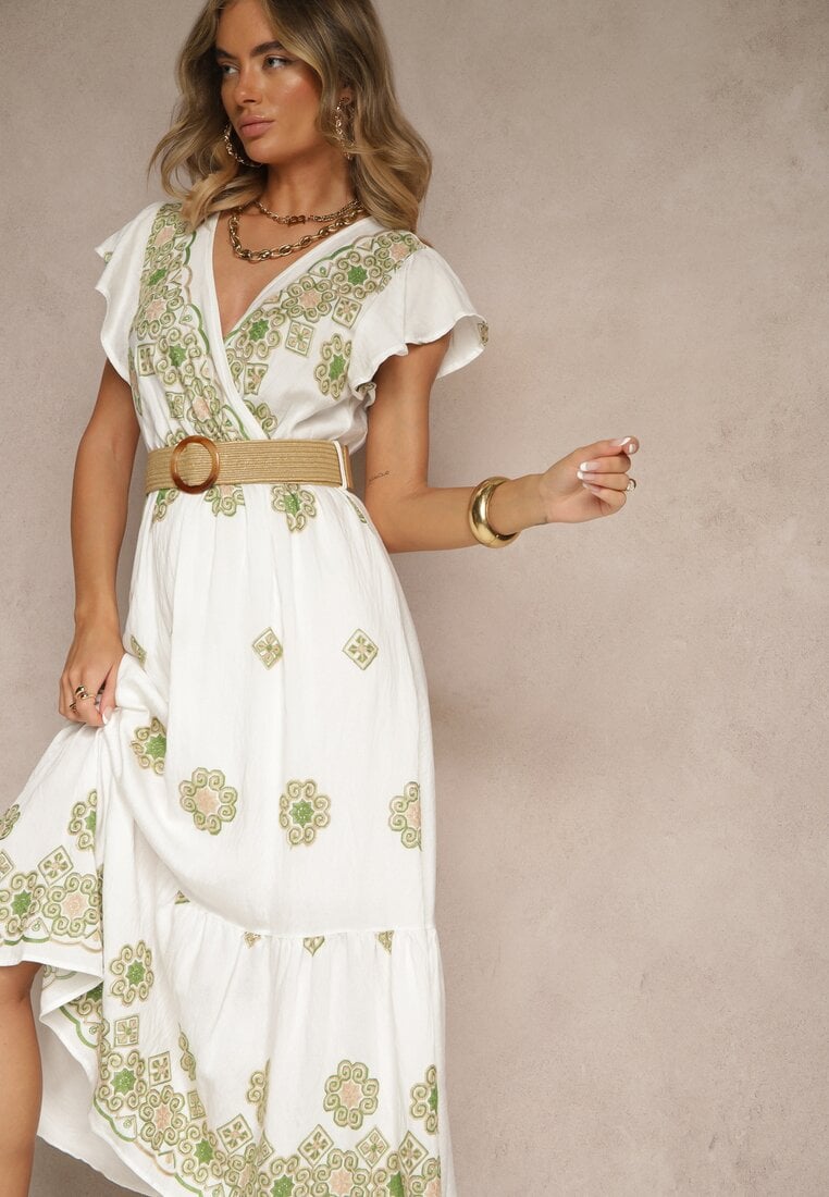 Rochie Albă-Verde din Vascoză Decorată cu Curea și Broderie Nilorelle