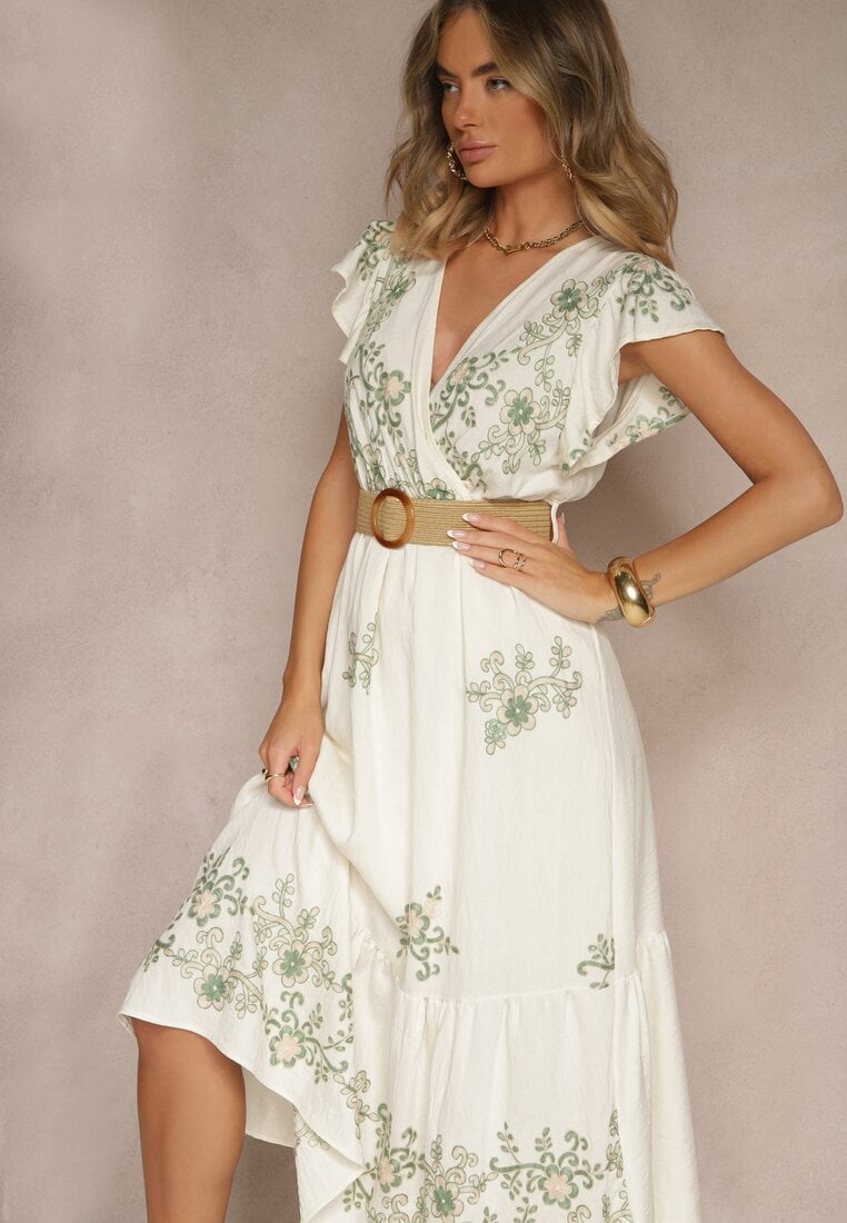 Rochie petrecută alb-verde din viscoză decorată cu broderie și cordon Nilatea