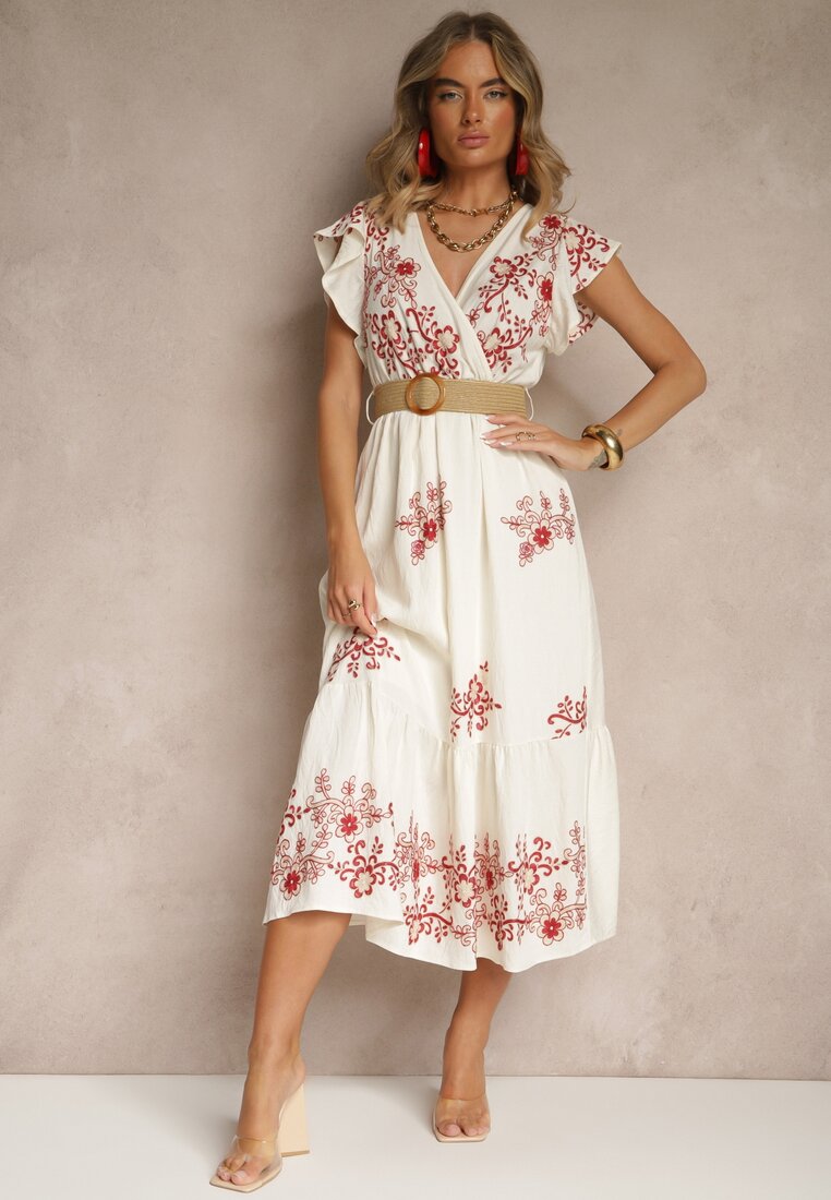 Rochie Alb-Roșu petrecută din vâscoză decorată cu broderie și curea Nilatea