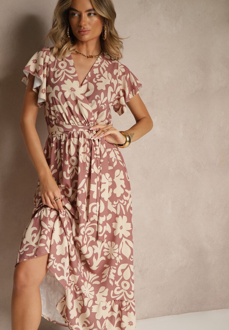 Rochie Cloș Bej închis cu Imprimeu Floral cu Centură Niloreia