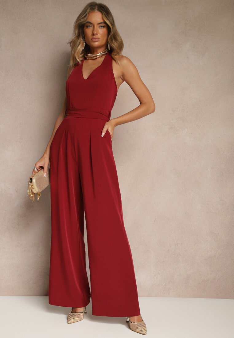 Salopetă Bordeaux cu croială cambrată cu decolteu halter și cu cordon Malisena