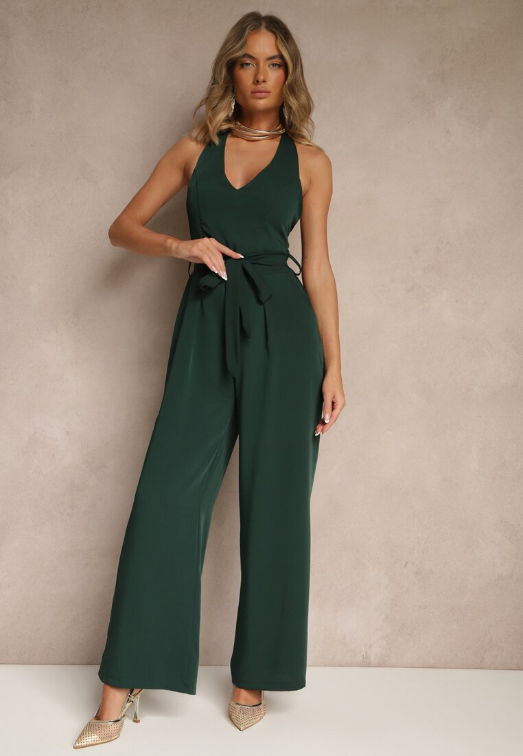 Salopetă Verde închis cu Croială Cambrată cu Decolteu Halter și Curea Legată Malisena