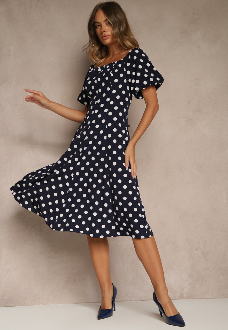 Rochie bleumarin stil spaniol Vices cu buline cu croială evazată Zilua