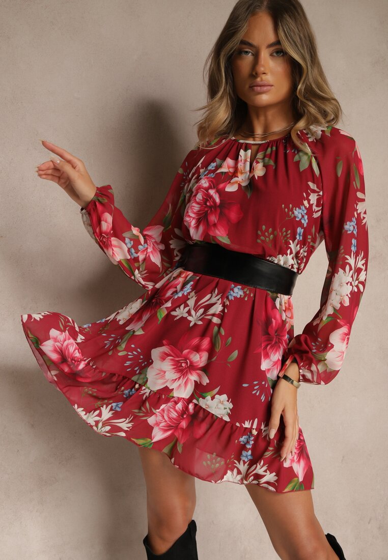 Rochie în cloș Visiniu Decorată cu model floral Zerovia