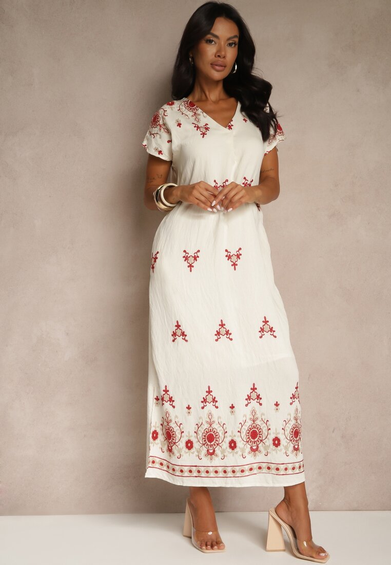 Rochie Alb-Roșie din Vâscoză cu Model în Stil Etnic Meluriela