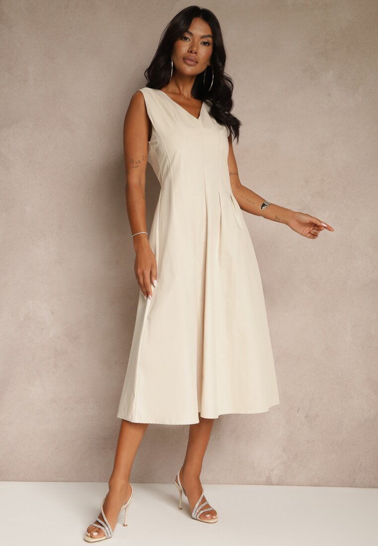 Rochie bej evazată cu decolteu în V Agilia