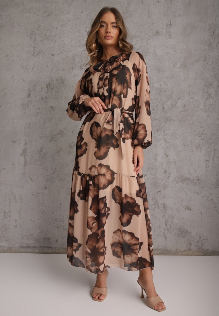 Rochie bej închisă, cu croială dreaptă, cu imprimeu floral, decorată cu curea Acęxia