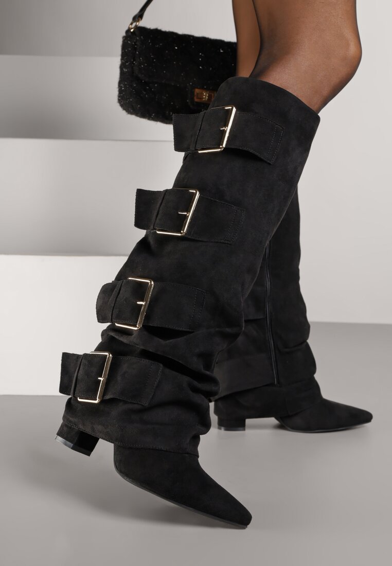 Cizme Negre cu toc gros, cu catarame și cu carâmbă ce imită picior de pantalon Arwellia