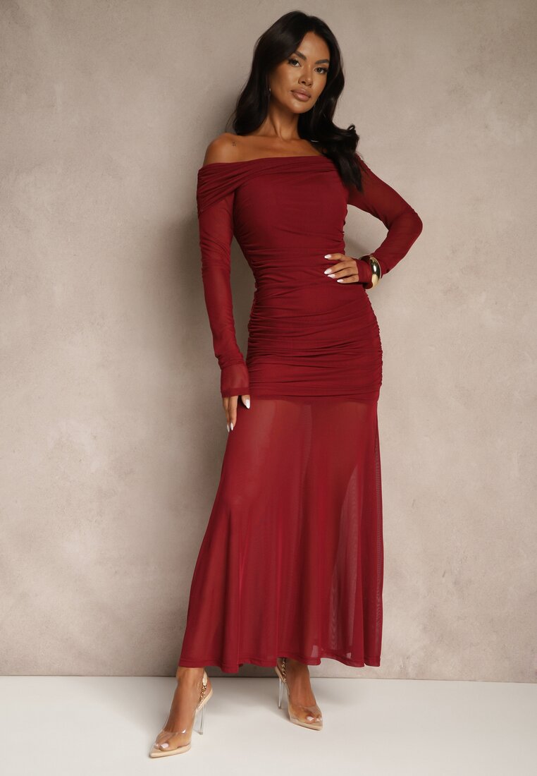 Rochie de cocktail Bordo cu mâneci transparente și drapaj Haludea