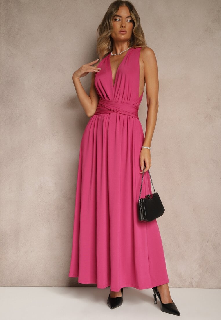 Rochie de cocktail roz închis Multiway cu viscoză legată la gât Lilovea