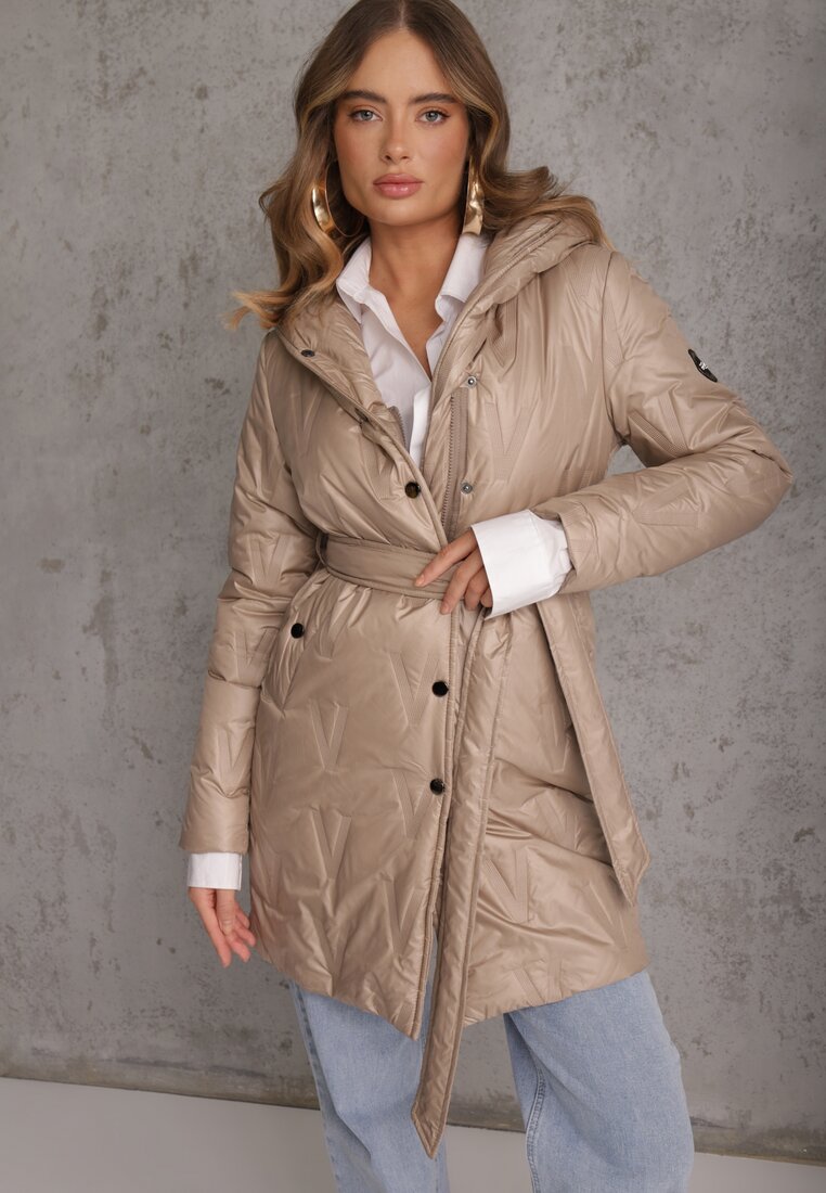 Geacă Bej închis Matlasată cu Glugă și Cordon Legat Elladie