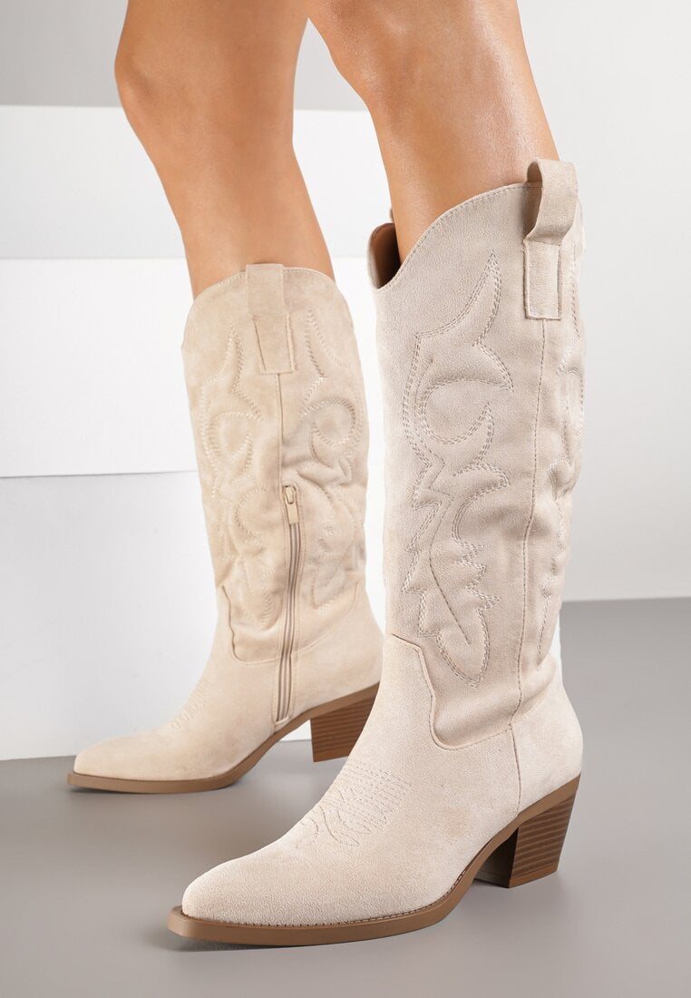 Cizme Bej Stil Cowboy în Stil Clasic din Imitație de Piele Întoarsă Rilamira