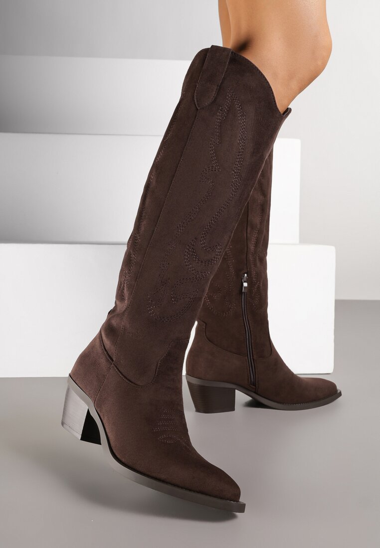 Cizme maro închis de cowboy în stil clasic din imitație de piele de căprioară Lataselia