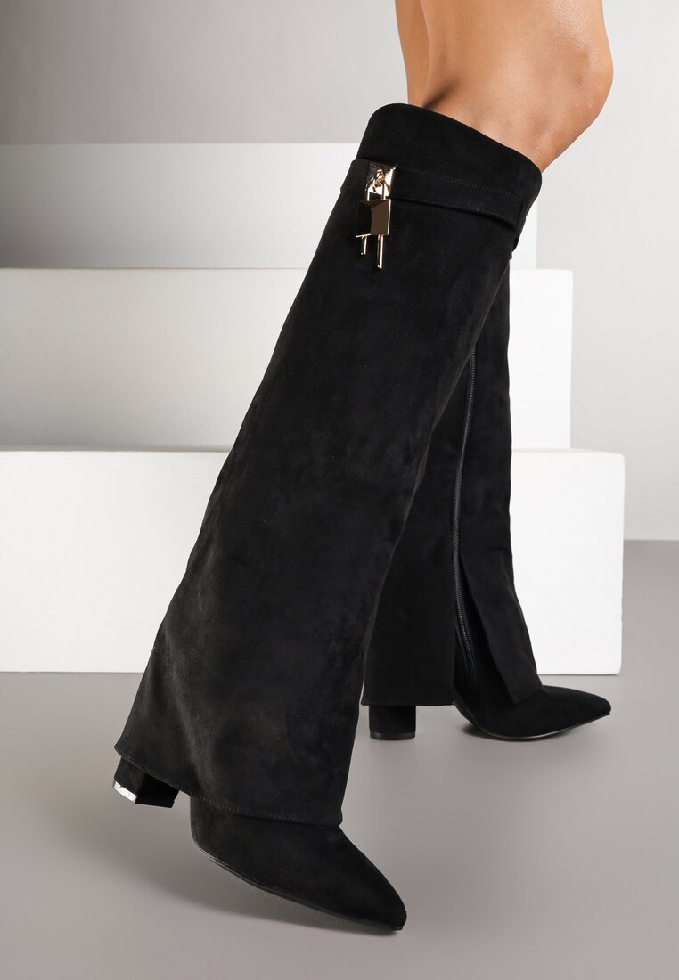 Cizme Negre cu Toc Gros Decorate cu Lacăt Metalic și Manșetă Întoarsă Lattorea