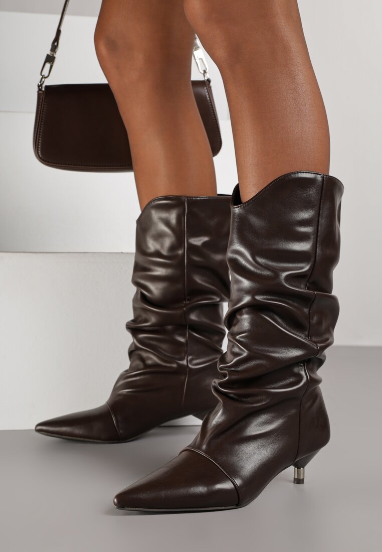 Botine Maro cu toc kitten Decorate cu încrețituri Latovea