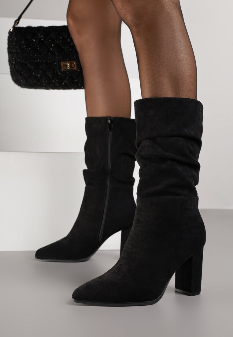 Botine Negre Încrețite din Imitație de Piele Întoarsă cu Toc Bloc Leriline