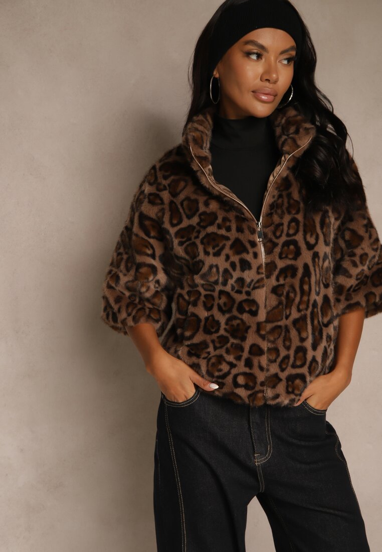 Geacă trapezoidală din blană cu imprimeu leopard cu mâneci 3/4 Tadeva