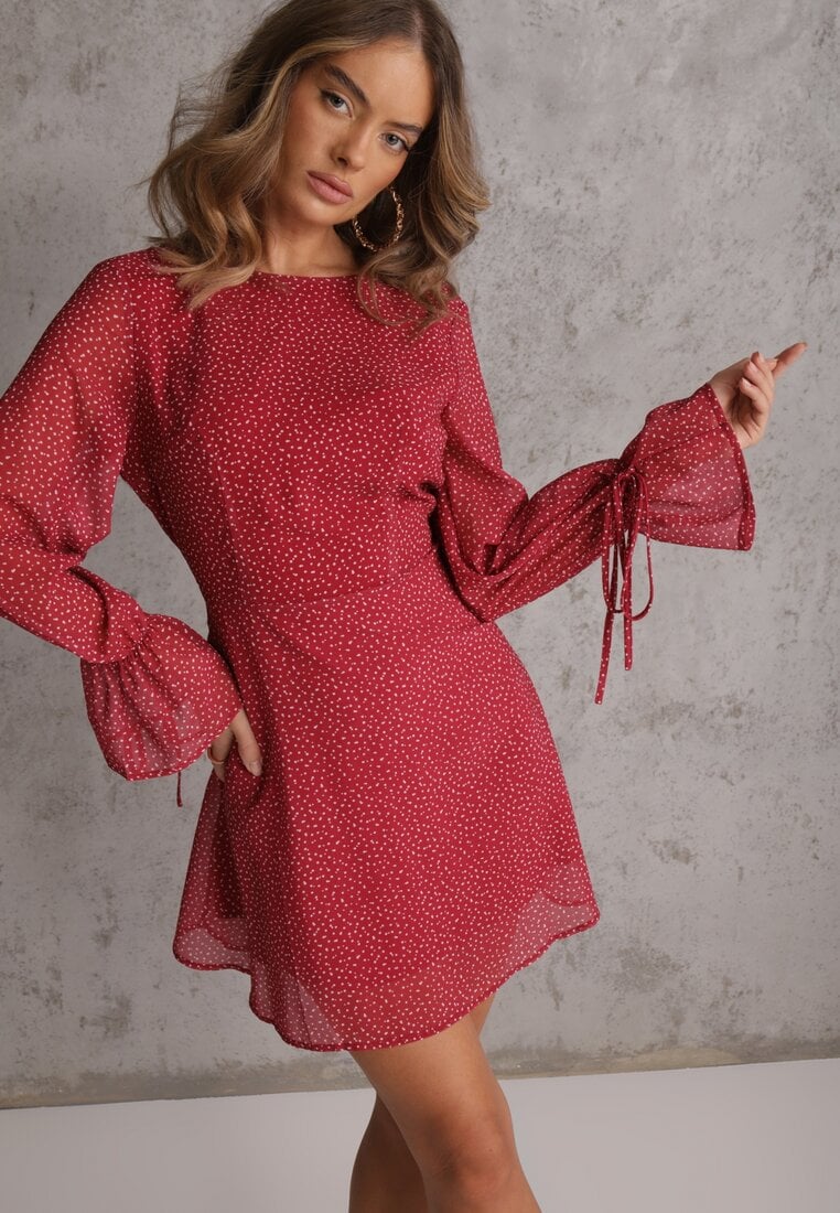 Rochie Bordeaux Vices Decorată cu Mâneci Transparente și Buline Celziva