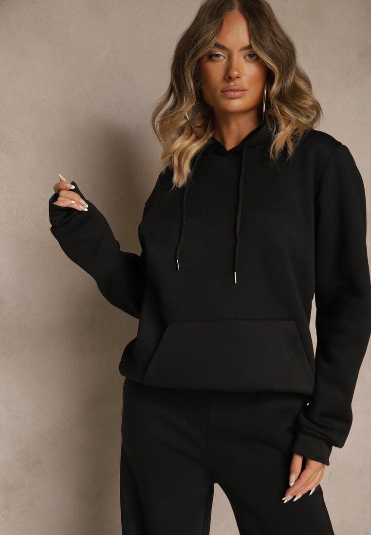 Bluza Neagră cu Glugă Decorată cu Borduri Invila