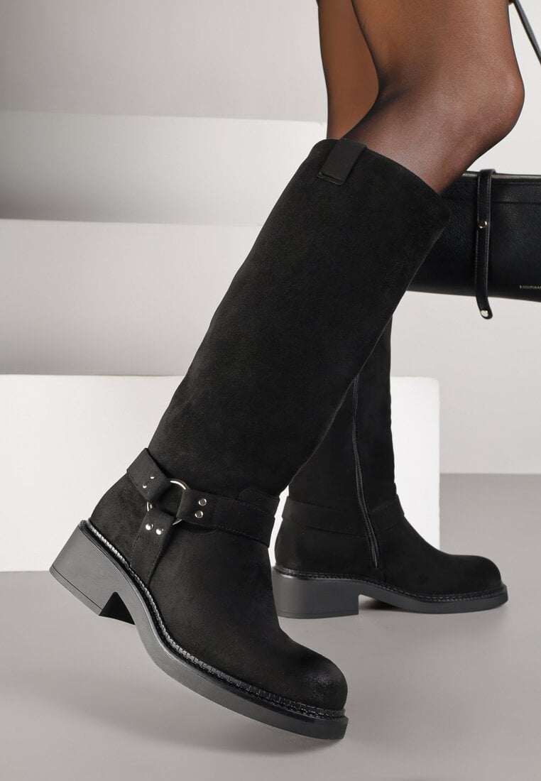 Cizme Negre Biker cu Nituri Metalice și Catarame Sedinea