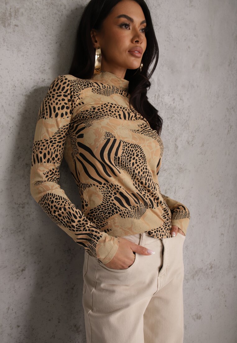 Bluză Bej-Negru Longsleeve din Bumbac cu Semiguler și Imprimeu leopard Unalla