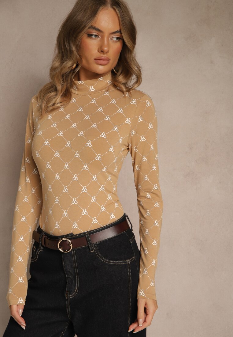 Bluză Bej Longsleeve Semi-golf din Bumbac Decorată cu Imprimeu Geometric Zantila