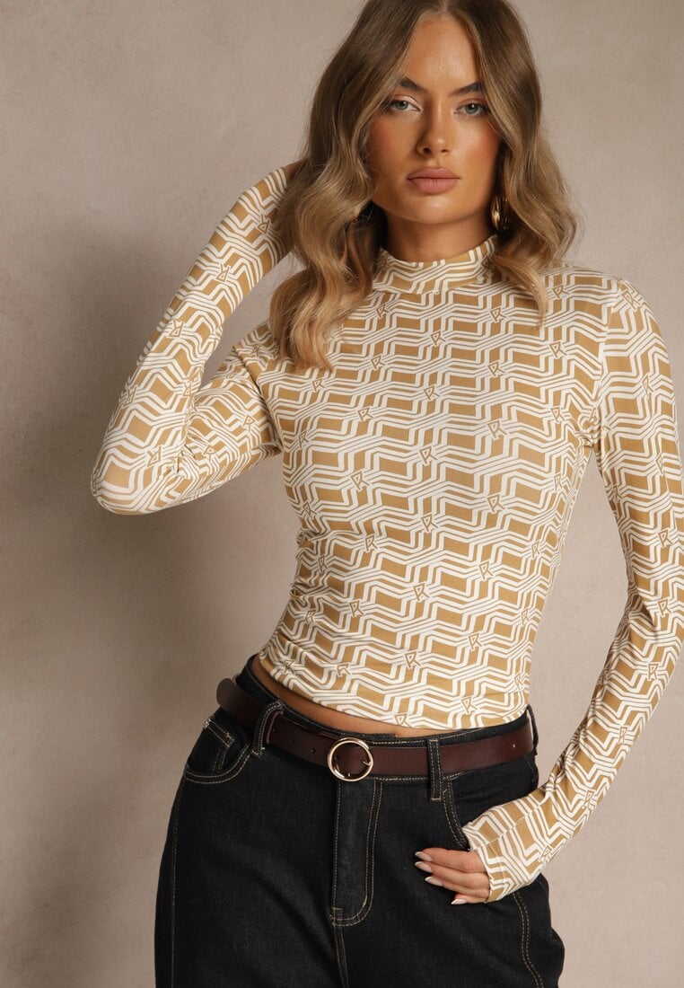 Bluză Alb-Bej cu mânecă lungă cu guler înalt din bumbac cu imprimeu geometric Zadanevia