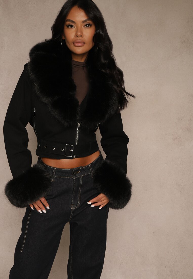 Geacă neagră tip Ramones căptușită decorată cu blană Mevindana