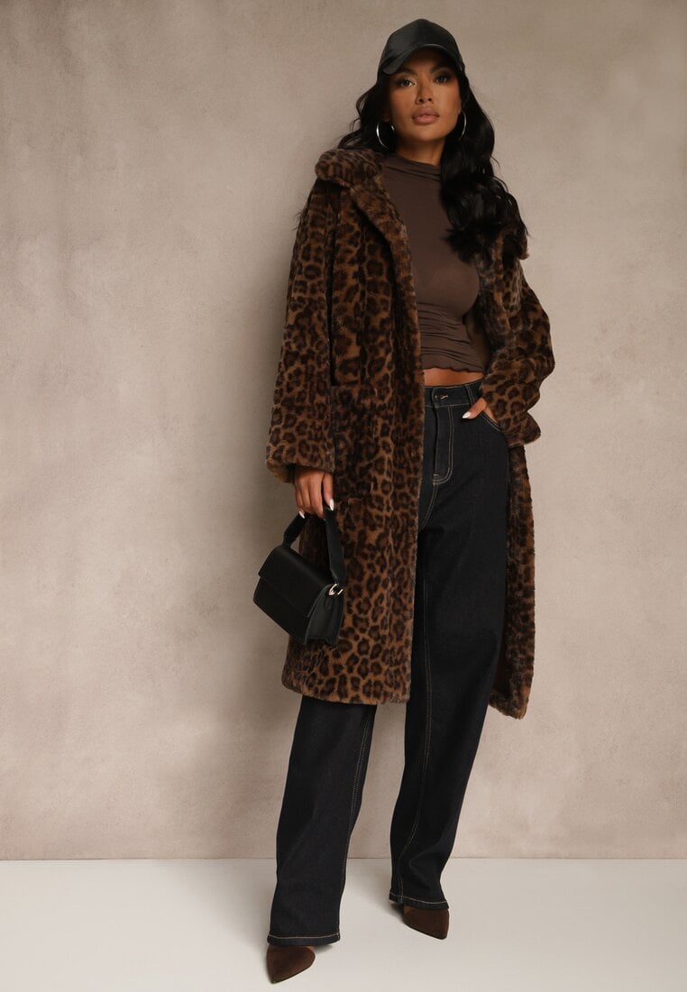Palton de blană Maro cu imprimeu leopard, cu croială la un rând de nasturi Otirela