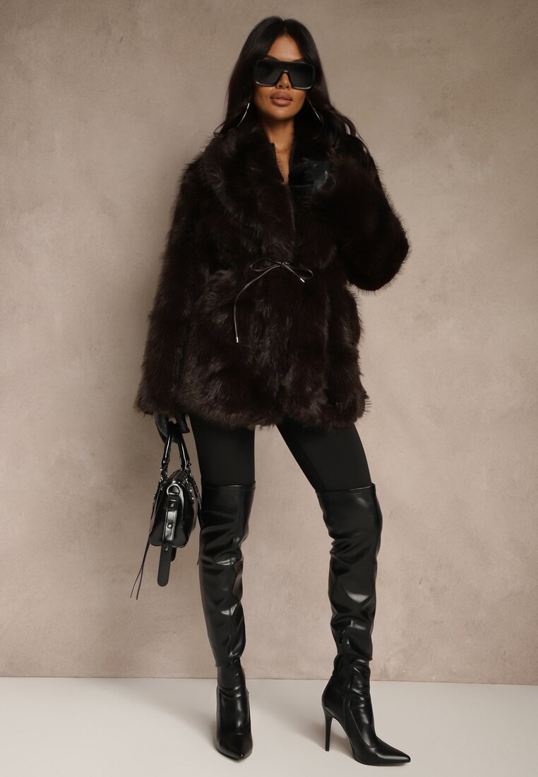 Geacă Clasică Maro cu Blană cu curea îngustă legată în talie Casfitta